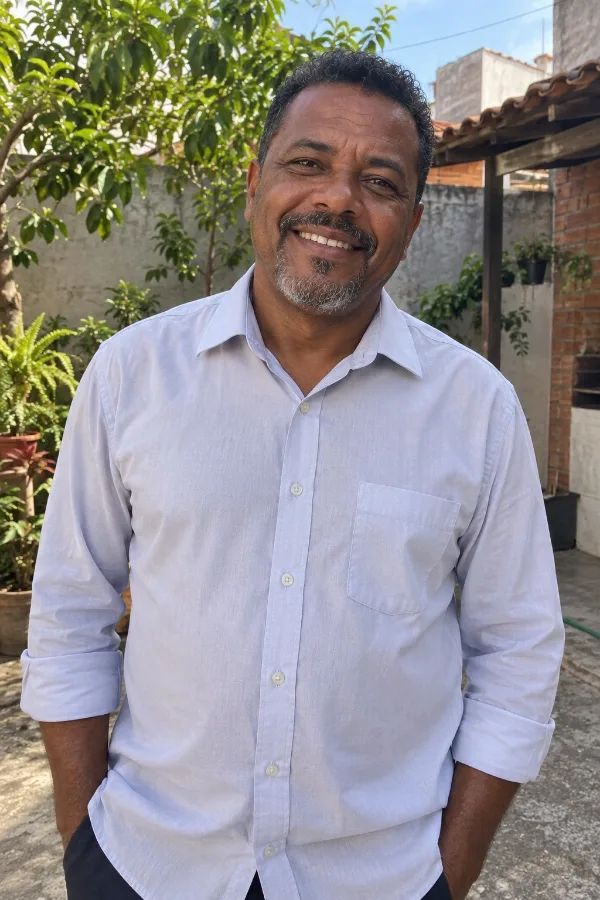 Depois: Homem sorrindo no quintal